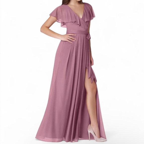 Azazie Dresses & Skirts - AZAZIE Jael Dusty Mauve V-Neck Ruffle Maxi Dress Bridesmaid Formal Gown Size 12